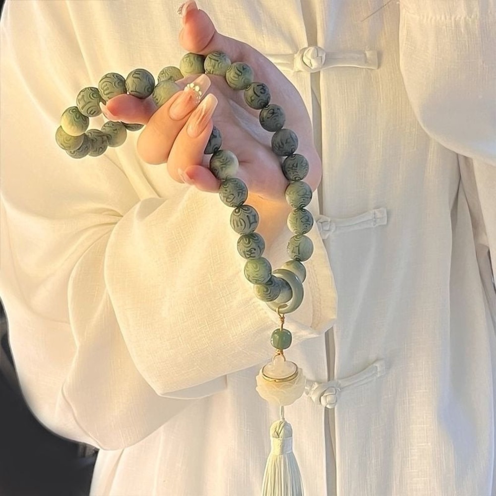 14mm White Bodhi Root Six Mantra Mala Bracelet w Incense‎ Lotus Pendant new